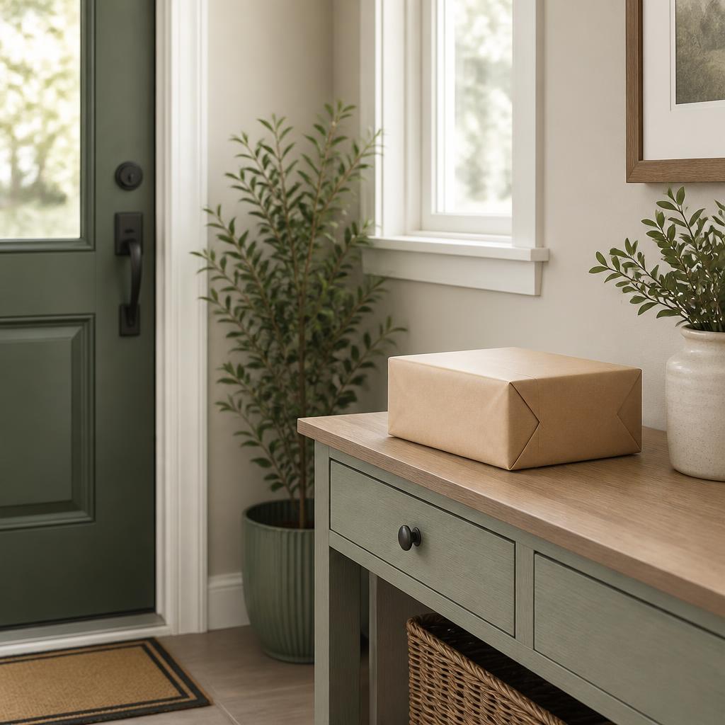 A plain unmarked parcel on a table in a quiet residential entryway, illustrating a private delivery destination.