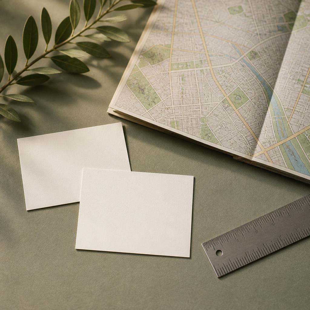 Blank paper address cards beside a folded generic street map, illustrating address-level verification.