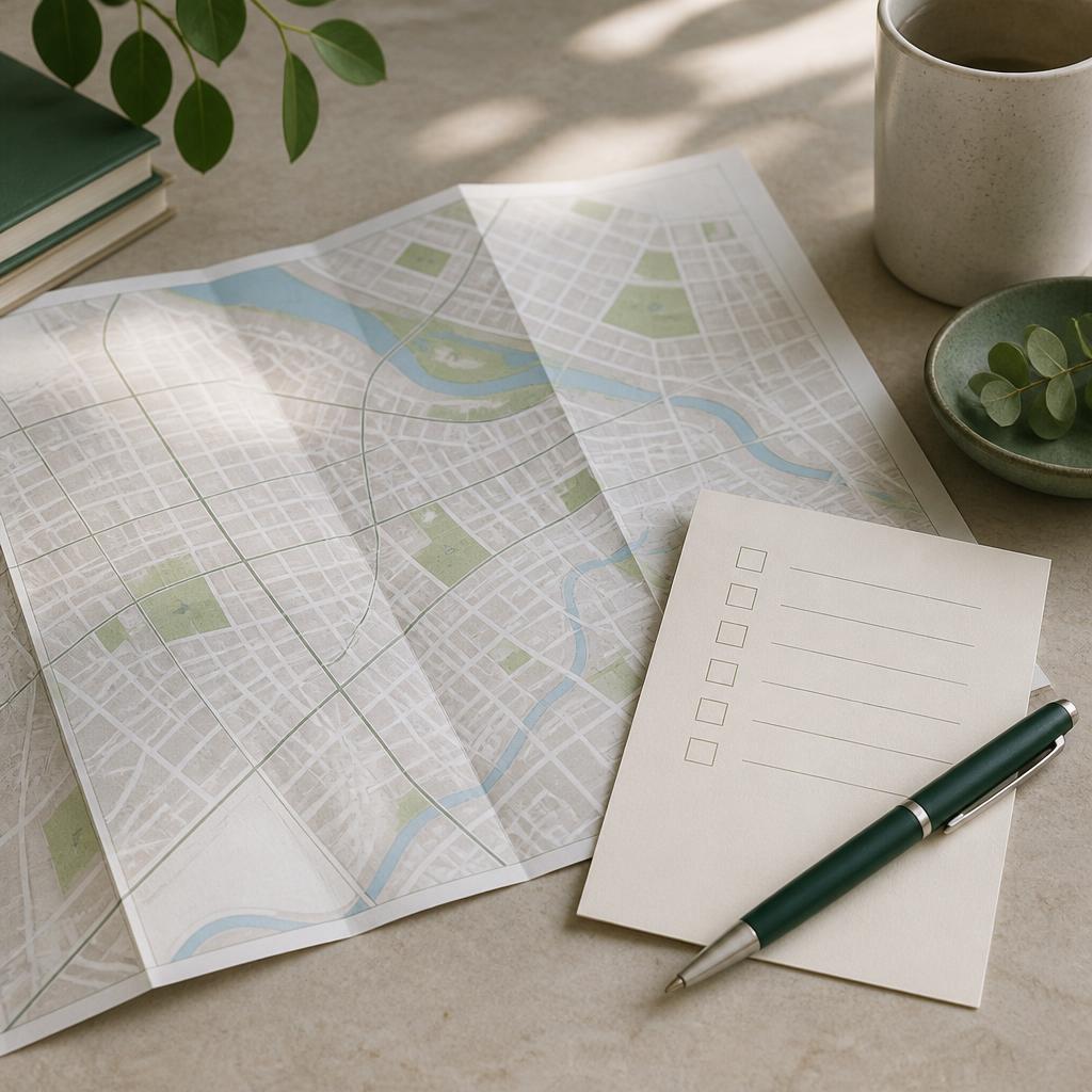 A folded blank street map and checklist on a desk, illustrating how to check local delivery rules.