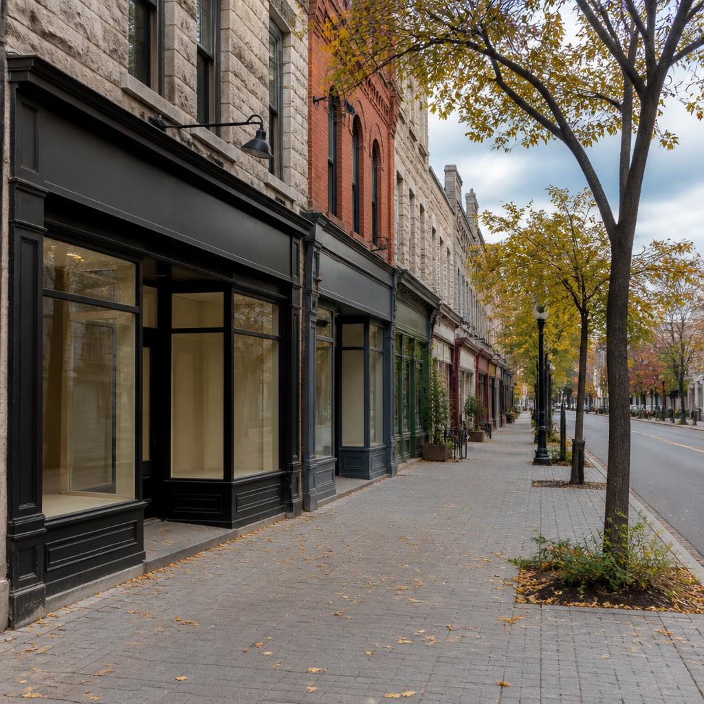 A generic Ottawa-style street with stone and brick buildings and autumn trees, with no store signage or identifiable business.