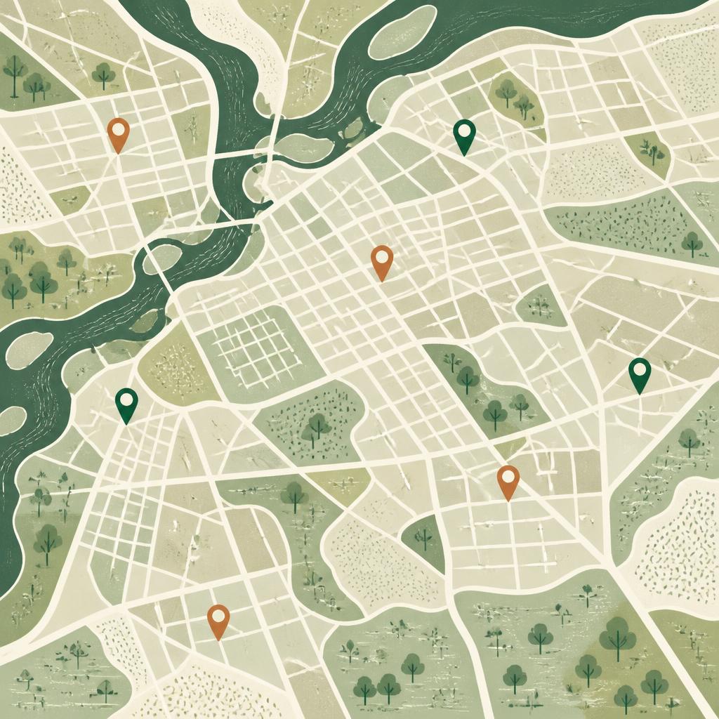 An abstract Ottawa-style neighborhood grid with understated location markers and no street labels.