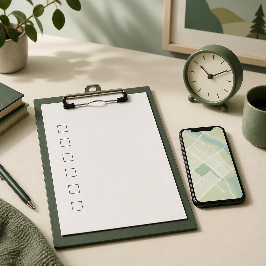 A blank checklist, abstract map on a phone and a clock representing address, source and timing checks.