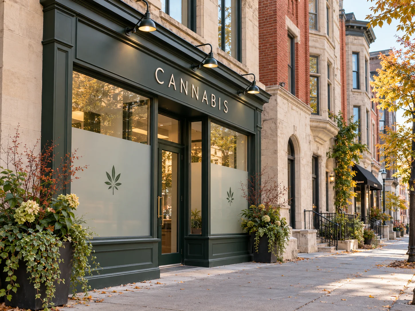 Illustrative cannabis storefront; the pictured shop and street are not verified or included in the directory.